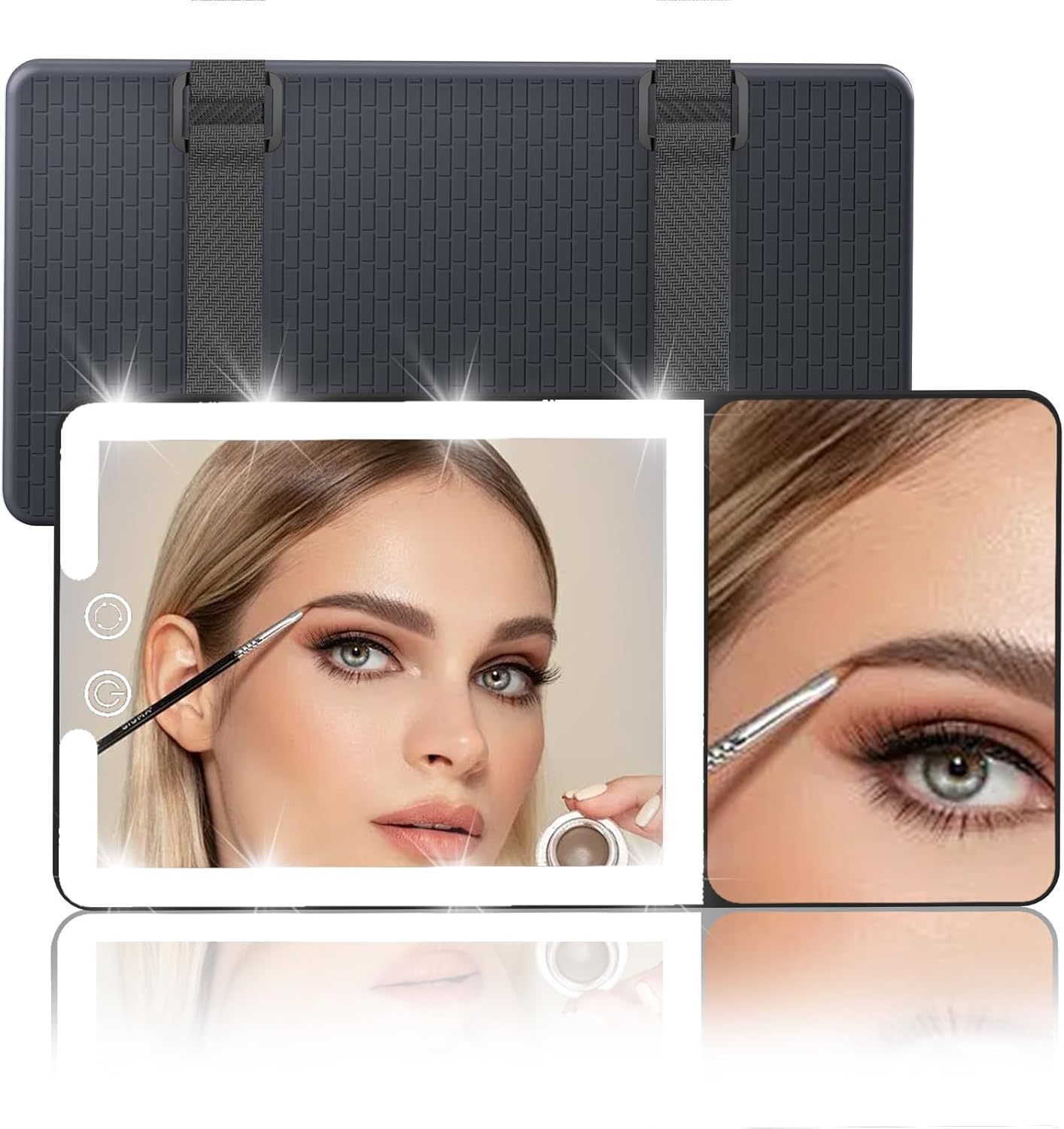 Car Sun Visor Vanity Mirror with Lights,Side with 6 inch 20X Magnifying Mirror,Rechargeable Car Makeup Mirror with 3 Light Modes,Dimmable Touch Led Screen,Black