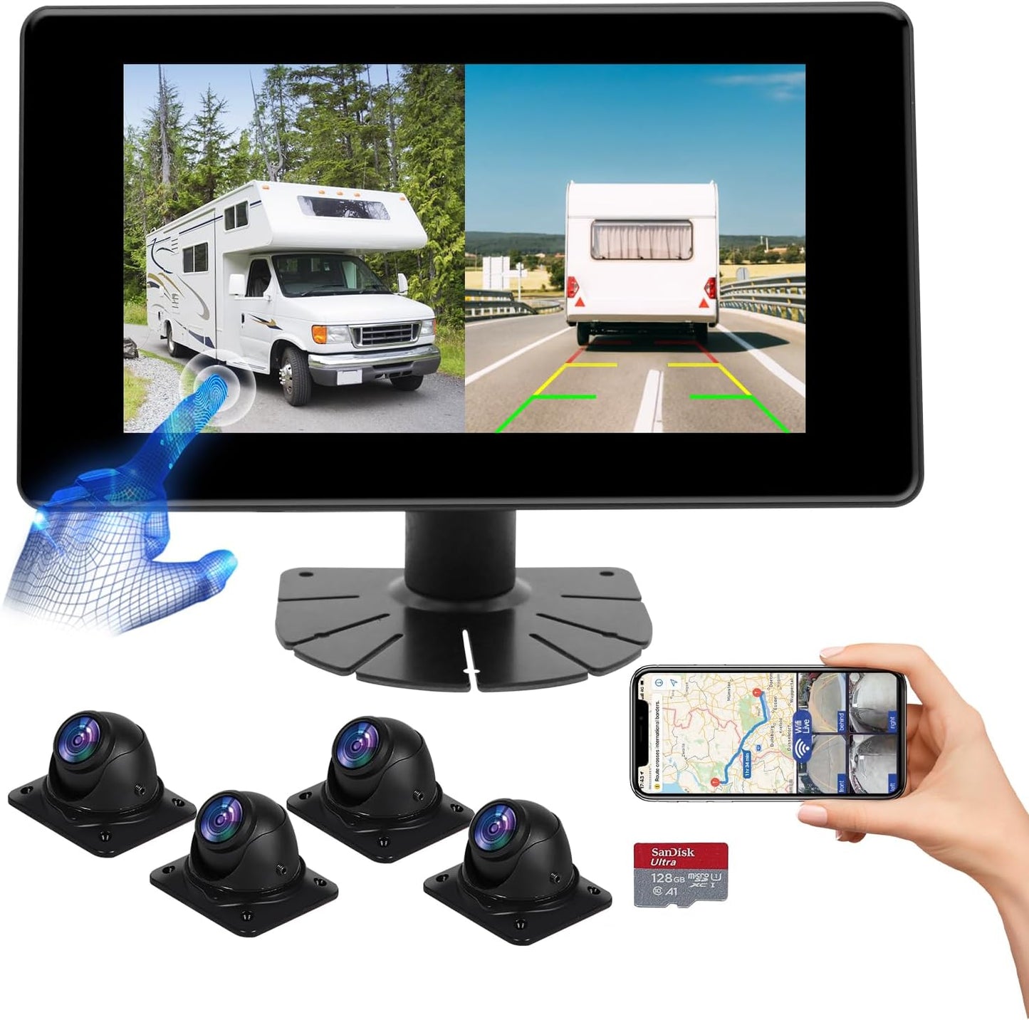 RV Backup Camera System AI WiFi GPS 7 inch Touch Screen Monitor Vehicle Recording with 4 Pieces 1080P Rear Side View Waterproof Camera Live View on APP/Web/PC for Camper RV Truck Trailer Tractor Fleet