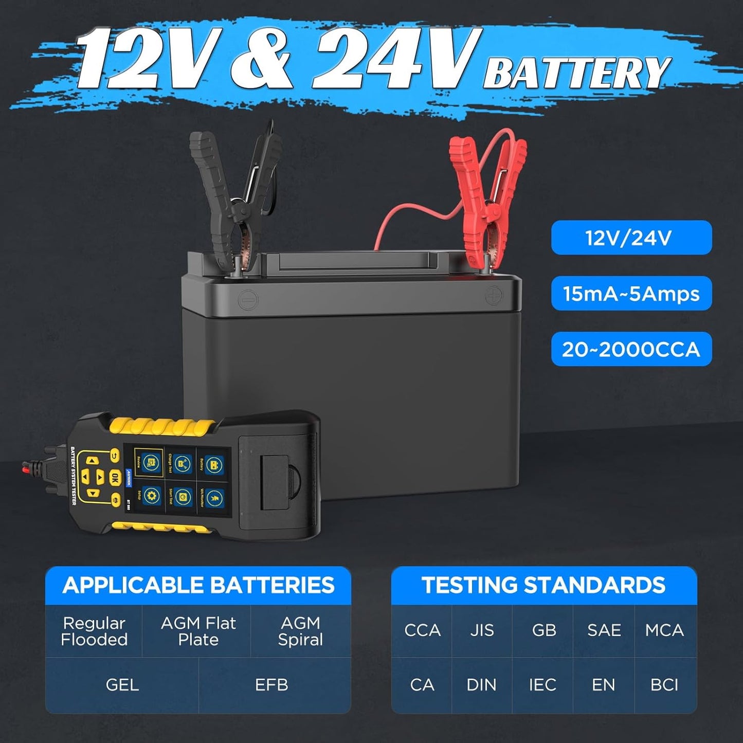 AUTOOL Car Battery Tester 12V 24V Automotive Battery Load Tester with Printer 20-2000CCA Alternator Tester, Cranking & Charging & Leakage Test, 3.2" Screen with Data Review Reverse Polarity Protection