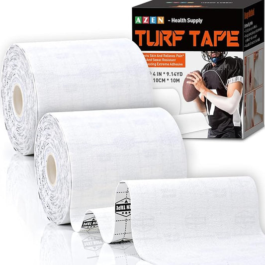 AZEN 2 Rolls Turf Tape Football, 4 Inch x 9.14 Yards Extra Wide Kinesiology Tape, Waterproof Athletic Tape, Protects from Turf Burn (White)