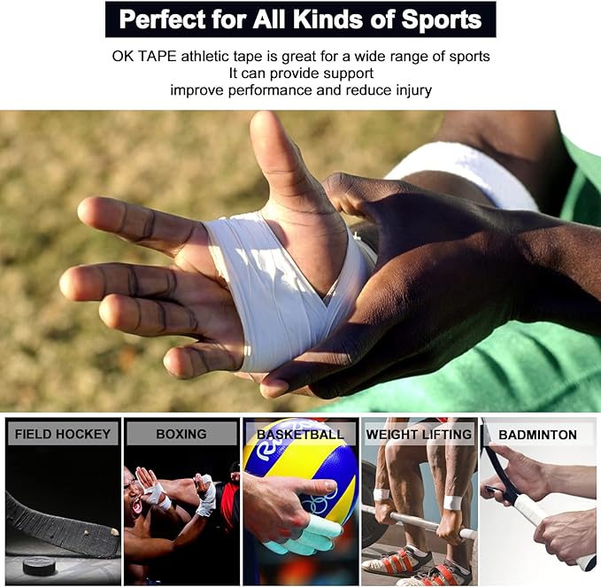 OK TAPE Athletic Sports Tape（4 Packs) - 45ft Per Roll Very Strong Tape for Athlete & Sport Trainers & First Aid Injury Wrap, Perfect for Fingers Ankles Wrist on Bat, Hockey Stick - Black