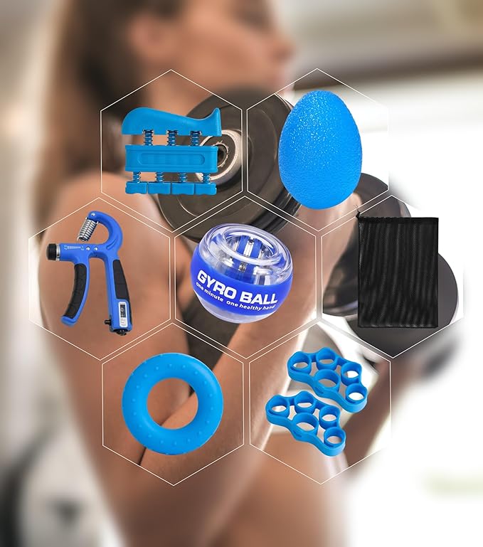 Hand Grip Strengthener Workout Kit (8 Pack) Forearm Grip Adjustable Resistance Hand Gripper, Finger Stretcher, Finger Exerciser, Grip Ring，Gyro Ball