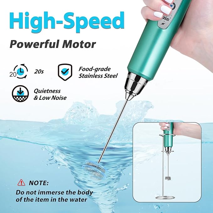 Milk Frother with Stand-Rechargeable Handheld Coffee Frother with 3 Stainless Whisks 3 Speed Adjustable, Electric Whisk Drink Mixer, Foam Maker Blender for Matcha Latte Cappuccino Chocolate