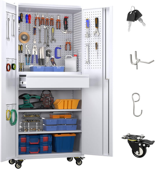 71" Metal Garage Storage Cabinet with 16 Hooks and Pegboards,1 Drawer Inside Rolling Tool Storage Cabinet with Adjustable Shelves,3 Metal Hanging Rod for Garage,Warehouse(White)