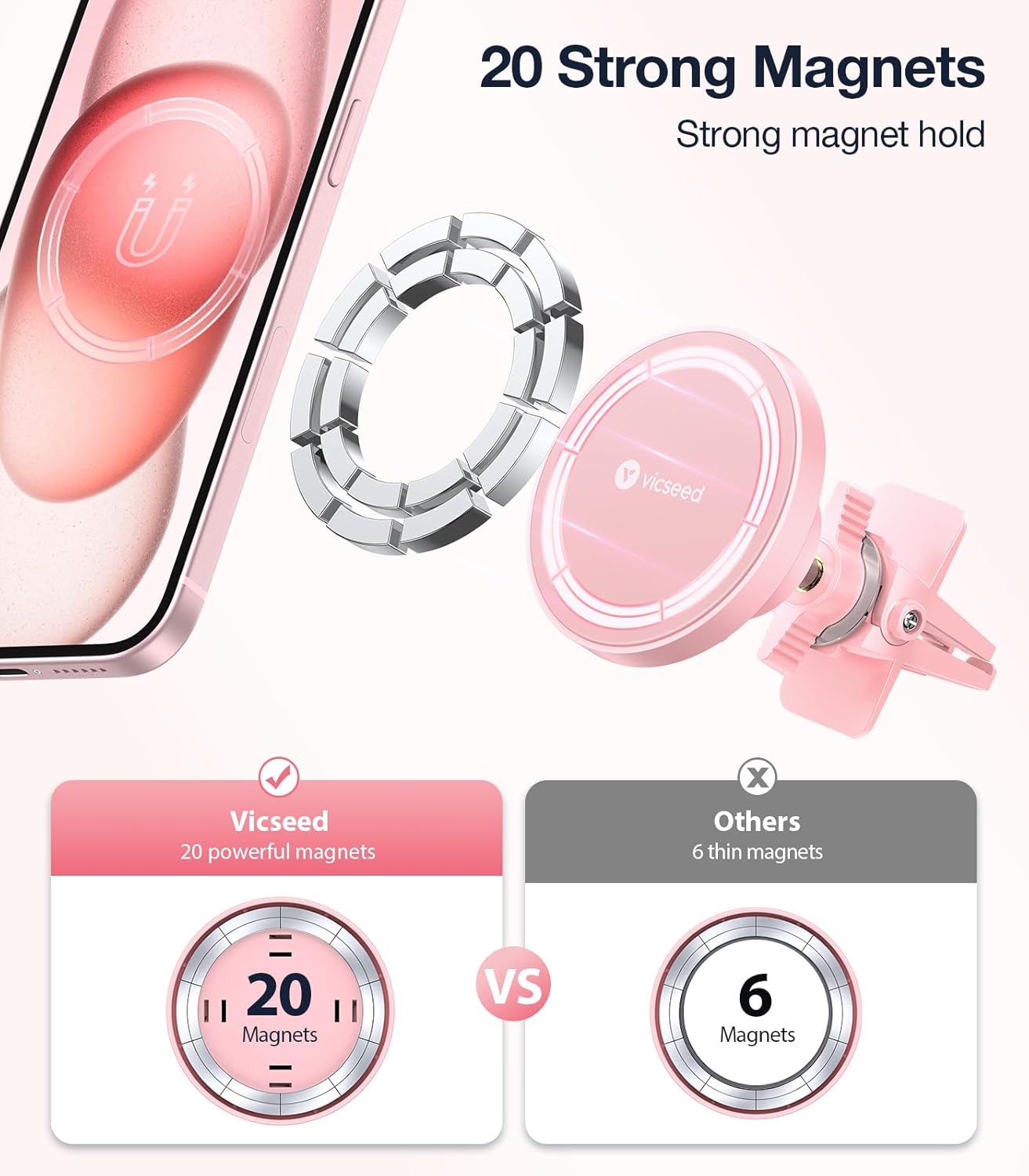 VICSEED for MagSafe Car Mount [Upgraded Strongest Magnet Power] Magnetic Phone Holder for Car Vent 360 Adjustable Magnetic Car Phone Holder Mount for iPhone 15 14 13 12 Pro Max Plus Mini, Pink