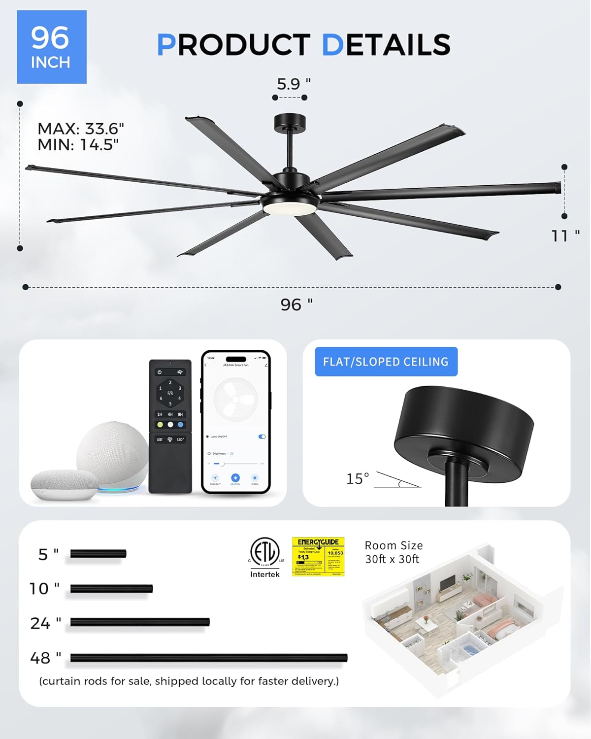 96-Inch Industrial Ceiling Fan with Lights and Remote - Extra Large Indoor/Outdoor Fan with 8 Aluminium Blades,Smart Fan Works with Voice Control,Model:ZCCF04BK-96