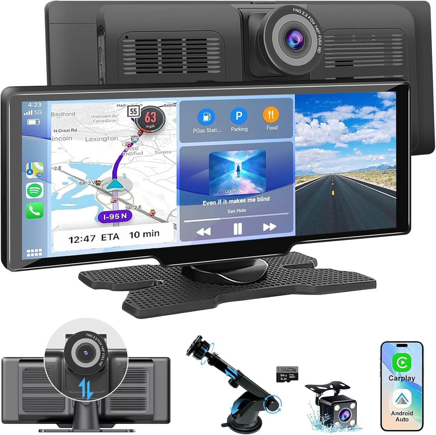 Apple Carplay Screen for Car, 10.26’’ Wireless CarPlay & Android Auto Screen with 4K Dash Cam, 1080P Backup Camera, Car Play Audio Receivers, GPS Navigation/Mirror Link/Bluetooth/FM/Voice Control