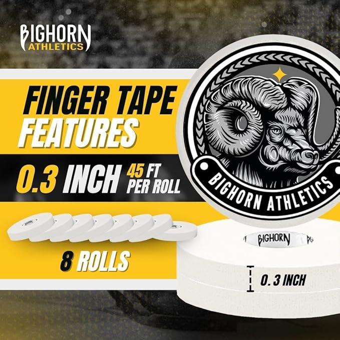 Bighorn Athletics Jiu Jitsu Finger Tape | Residue-Free Athletic Finger Tape for Sports & Injuries: Rock Climbing, Volleyball, Football, Basketball, Hands & Toes | 0.3-Inch x 45-feet, 8-Rolls, White