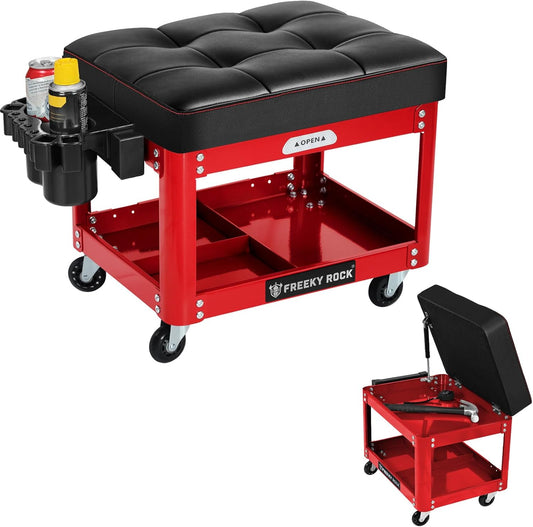 Rolling Mechanic Shop Stool with Wheels, Garage Mechanics Stool with 2 Layer Repair Tools Tray, Padded 360° Swivel Automotive Roller Creeper Seat Shop Chair, Heavy Duty, 330 LBS Capacity, Red
