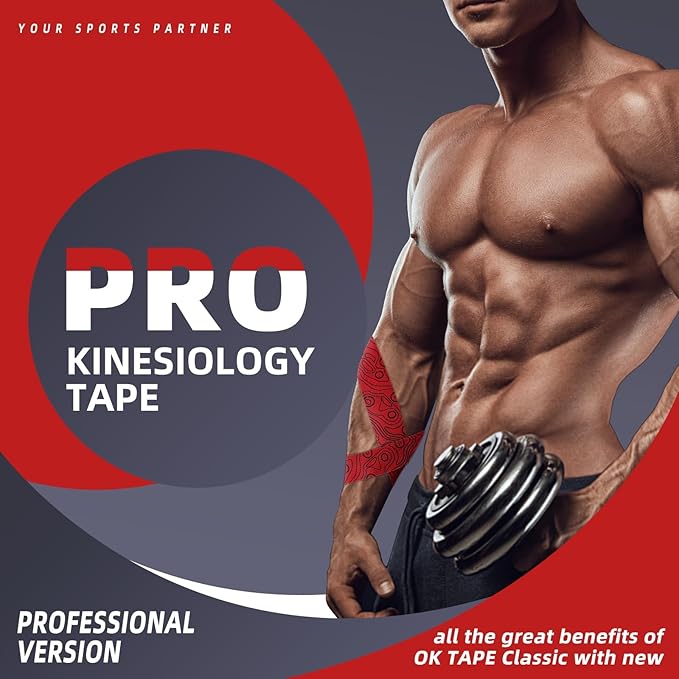 OK TAPE PRO Kinesiology Tape Uncut Roll, Elastic Physical Therapy Athletic Tape for Pain Relief, Muscle Support, Kinetic Tape, Water Resistant, 2in X 16.4ft -Red 2 Rolls