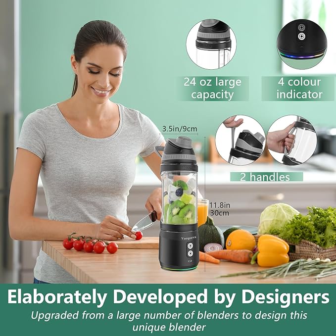 Portable Blender for Shakes and Smoothies, 24oz 300W Travel Blender on the Go USB Rechargeable Personal Blender for Smoothies Protein Shakes with a Travel Lid & BPA Free Bottle(Grey Cap Black Body)