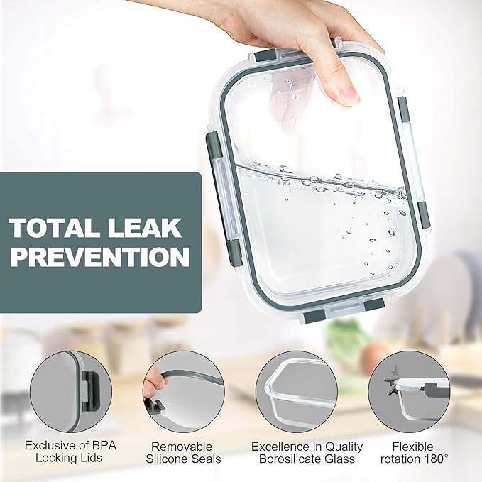 VERONES 10 Pack 22 OZ Glass Meal Prep Containers, Airtight Glass Lunch Containers Set, Glass Food Storage Containers with Lids,Exclusive of BPA, for Microwave, Oven, Freezer & Dishwasher Friendly,Grey