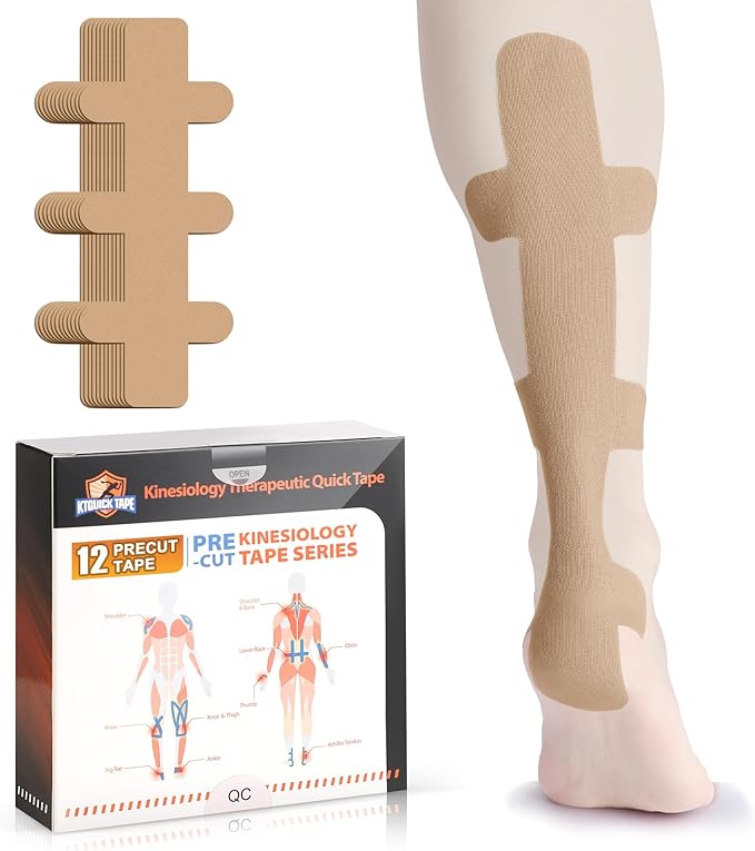 Kinesiology Tape for Achilles Tendon, KTQUICK 12 Count Achilles Tendon Tape Precut, Original Cotton Waterproof&Breathable, Enhance Elastic Kinesiology Athletic Tape for Achilles&Muscle Support(Beige)