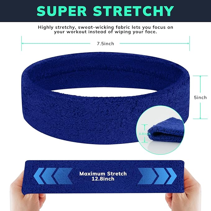 Sweatbands Sports Headband for Men & Women - Terry Cloth Moisture-Wicking Sports Towel Headband for Tennis, Basketball, Running, Gym, and Fitness Working Out