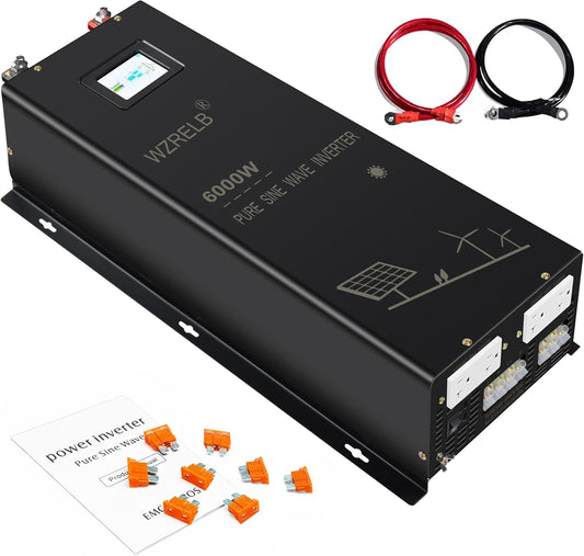 WZRELB 6000W Split Phase Pure Sine Wave Inverter, 24V DC to 120V/240V AC, 4 AC Outlets, Hardwire Terminal, High Efficiency up to 91.6%