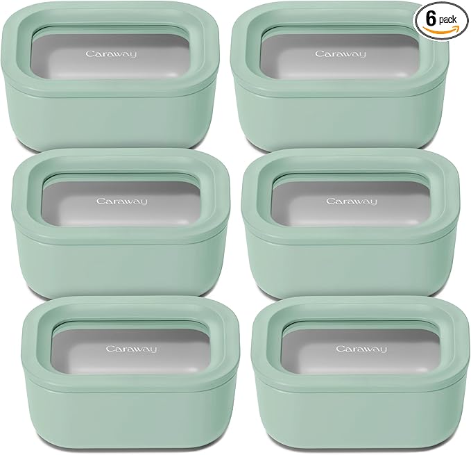 Caraway 6pc Glass Food Storage Set - 2.6 Cup Storage Containers For Food (6) - Non-Toxic Ceramic-Coated Glass - Air Release Technology - Compact & Stackable Design - Mist