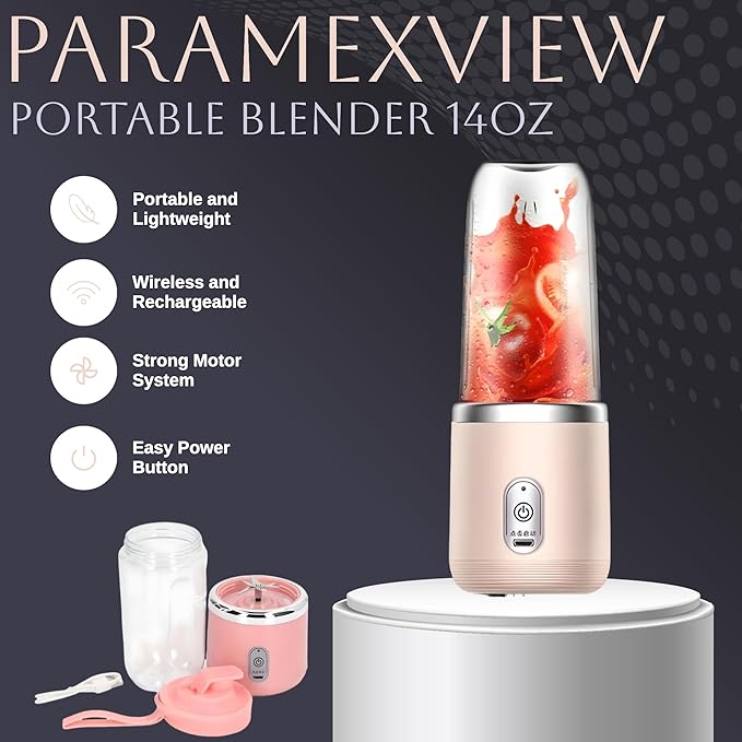 Paramexview® Portable Blender 14oz for Juices & Smoothies with 6 blades Puwerful performances Fusion Blender | USB Rechargeable, Lid, Cup included | Fit for travel and outdoor activities (Pink)