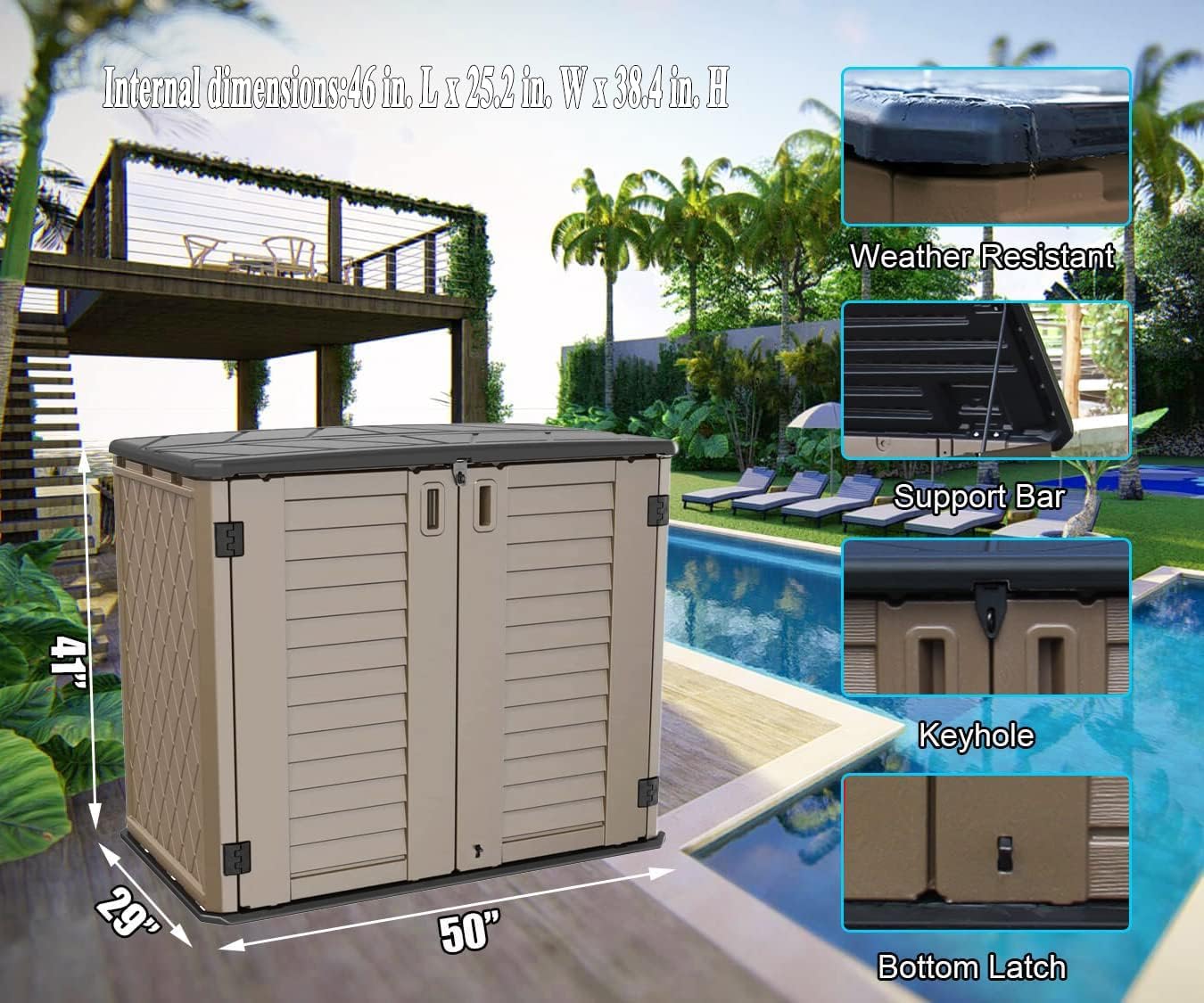 ADDOK 26 Cu.ft Outdoor Storage Shed Multi-Function, Lockable Horizontal Storage Unit Weather Resistance, Thick HDPE Resin Storage Cabinet for Backyards, Patio, Garden(Brown)