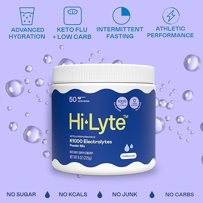 Hi-Lyte Keto K1000 Electrolyte Powder | Unflavored | Hydration Supplement Drink Mix | Boost Energy & Beat Leg Cramps | No Sugar, Stevia, Maltodextrin | 50 Servings