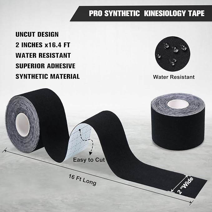 Pro Synthetic Kinesiology Tape 1 Roll, Athletic Sports Tape for Muscle Joint Support, Pain Relief for Knee Elbow Wrist Ankle, 2 in x 16.4 Ft, Black