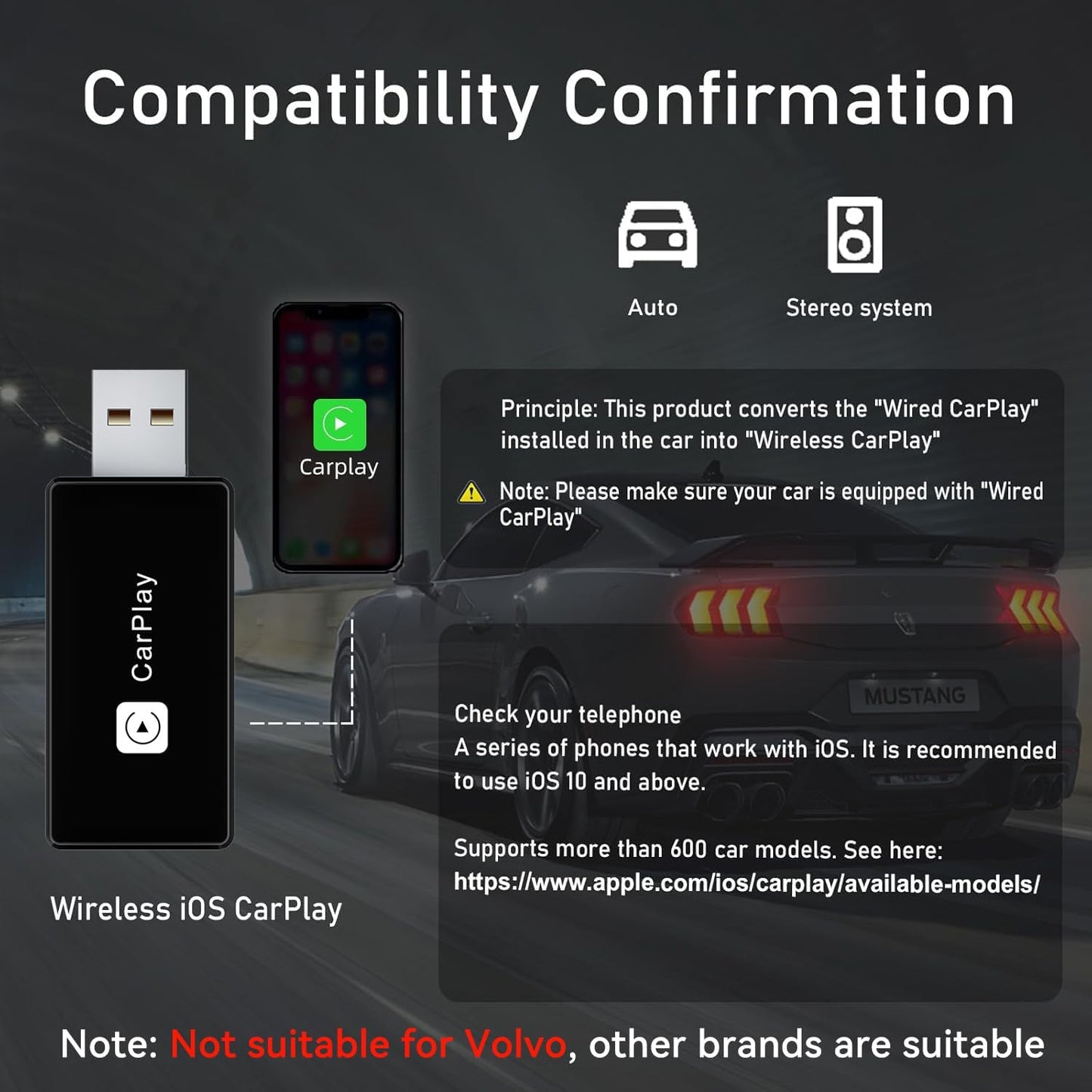 Wireless CarPlay Adapter, Converts Wired to Carplay Wireless Adapter for iPhone, Plug and Play-Seamless Fast Response Stable Bluetooth Connection CarPlay for Apple iPhone iOS 10+ and Cars (Black)