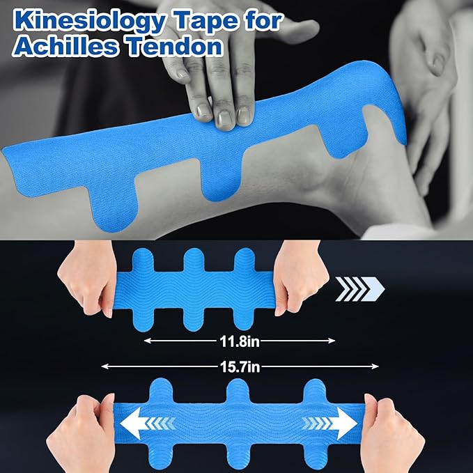 30 Pcs Achilles Tendonitis Kinesiology Tape Precut Achilles Tendon Ankle Tape Latex Free for Sprained Ankle Relief Muscle Support Foot Pain Athletic Sport(Blue)