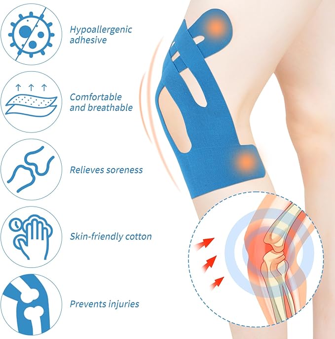 12pcs Precut Tape for Knees, Breathable Elastic Athletic Muscle Tape Strips Flexible, Waterproof Sport Knee Support Patch Stickers for Knee Pain & Stability