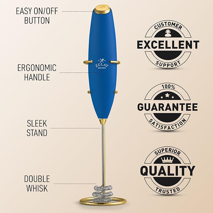 Zulay Kitchen Tornado Whisk Milk Frother with 4 AA Duracell Batteries - Triple Whisk for More Power - Handheld Coffee Frother with Stand - Drink Mixer for Lattes, Matcha & Protein Shakes