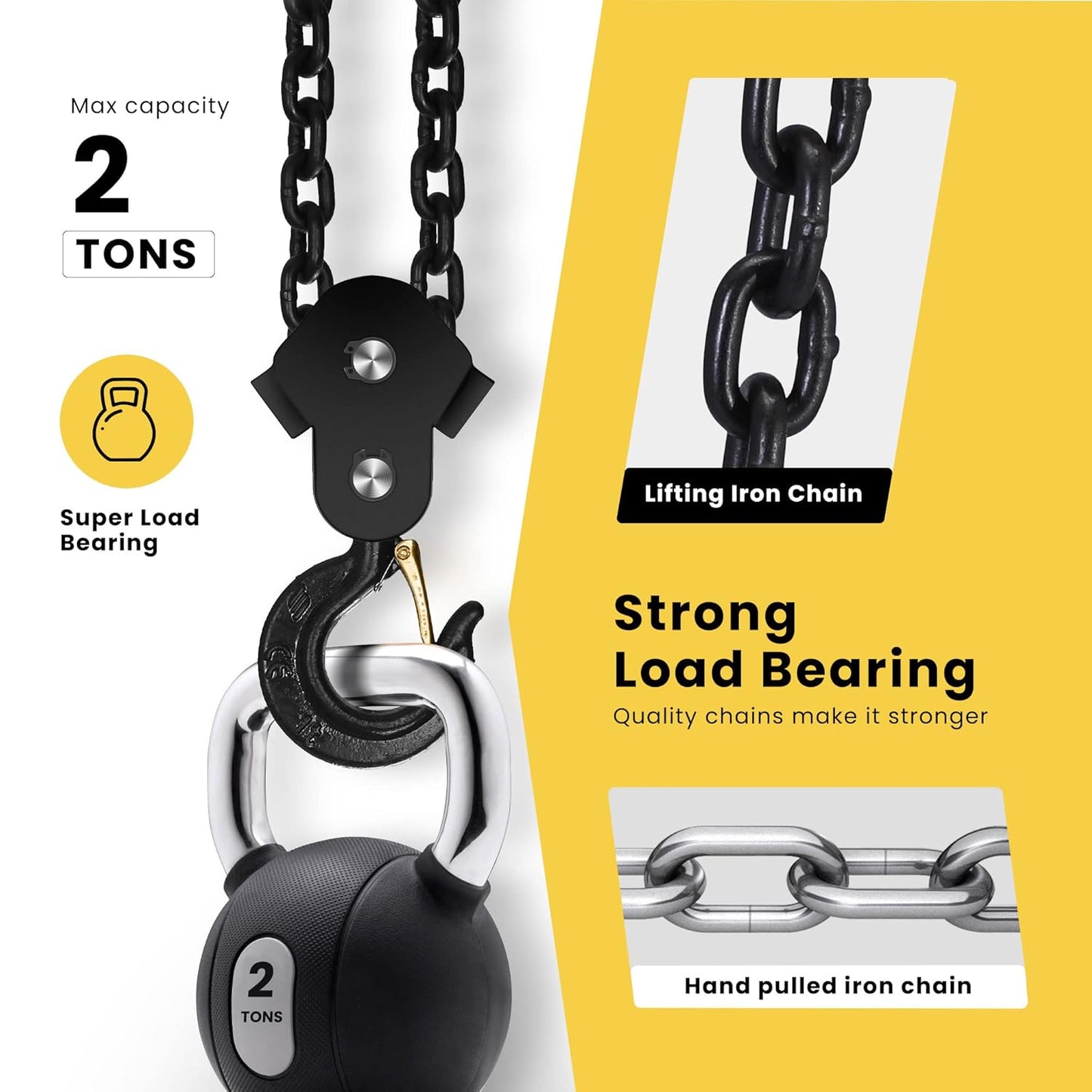 SPECSTAR Hand Chain Hoist 2 Ton 4400 Lbs Capacity 10 Feet with 2 Heavy Duty Hooks, Manual Chain Fall for Warehouse Building Automotive Machinery Red