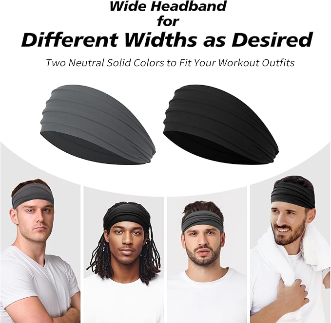 Wide Headbands for Men, Men’s Headbands for Long Hair, Head Bands for Men for Workout, Running, Baseball, Football, Tennis, Basketball, Softball, 8 Pieces