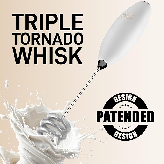 Zulay Kitchen Tornado Whisk Milk Frother with 4 AA Duracell Batteries - Triple Whisk for More Power - Handheld Coffee Frother with Stand - Drink Mixer for Lattes, Matcha & Protein Shakes