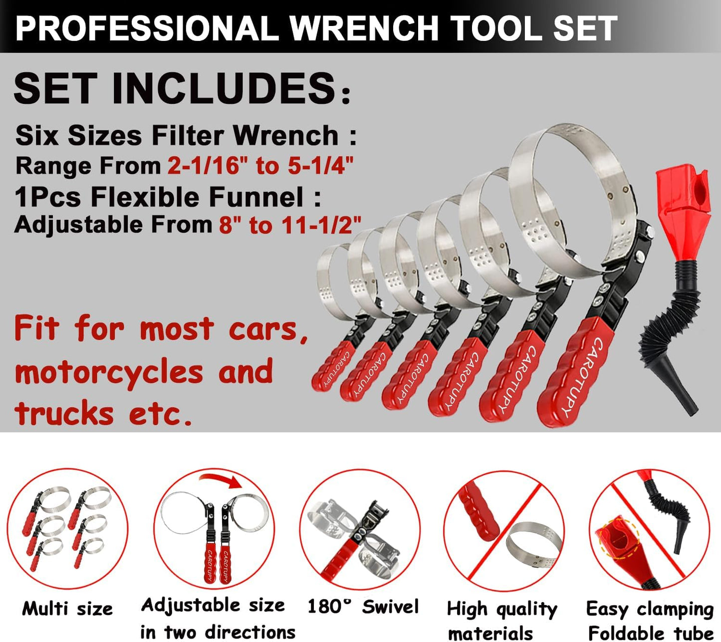 7pcs Oil Filter Wrench Set with Small Oil Funnel for Oil Change, Adjustable Oil Filter Removal Tool 2-1/16"-5-1/4"