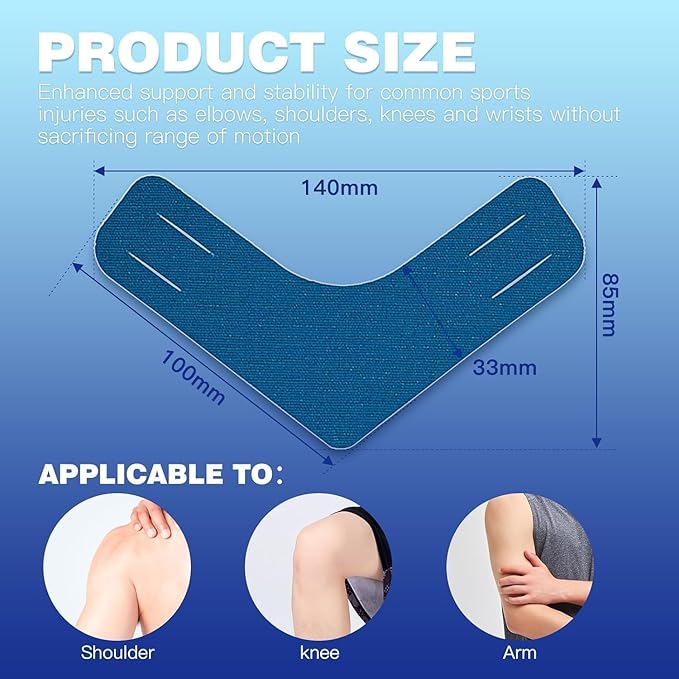 V-Knee Kinesiology Tape Precut Strips – 2 Inch Wide Waterproof Athletic Tape for Shoulders, Knees, and Muscles, Versatile Body Tape, 20 Count (Blue Color)