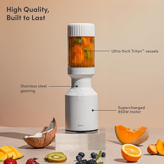 Beast Mighty 850 | Premium Compact Personal Blender | Smoothies, Shakes, Dressings, Sauces, Desserts, Dips | Blends Ice and Frozen Fruit | Includes Extra Lids and Straws | 850W (Cloud White)