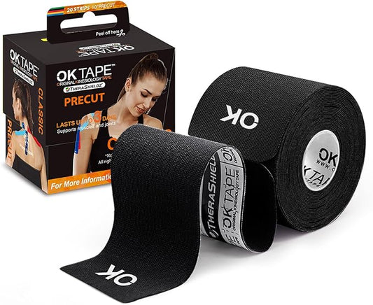 OK TAPE Kinesiology Tape 10 inches Precut, 20 Strips, Cotton Elastic Athletic Tape Latex Free, 2in x 16ft, Black