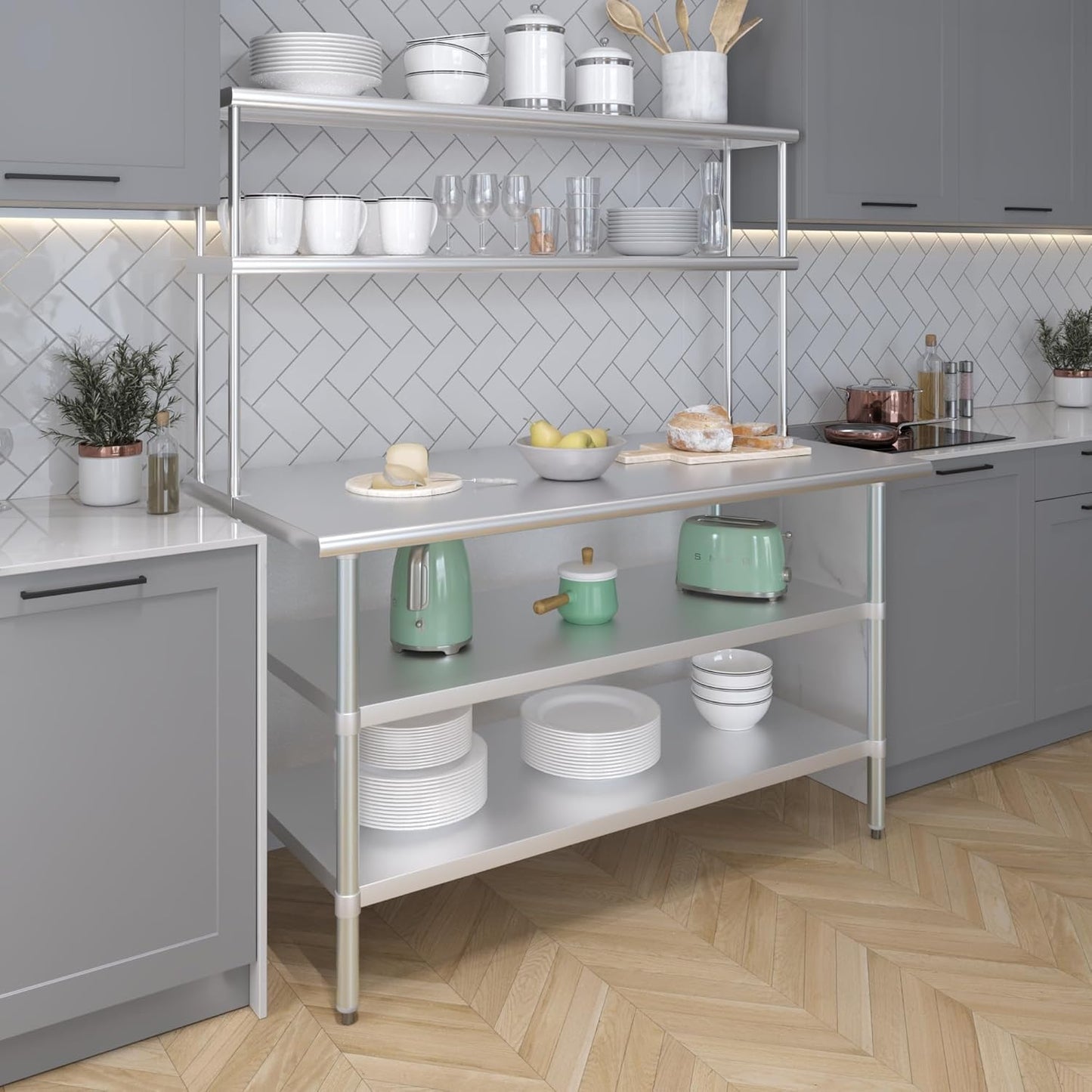 AmGood Stainless Steel Work Table with 2 Shelves | NSF (30" x 60" Table with 2 Shelves + 12" Overshelf)