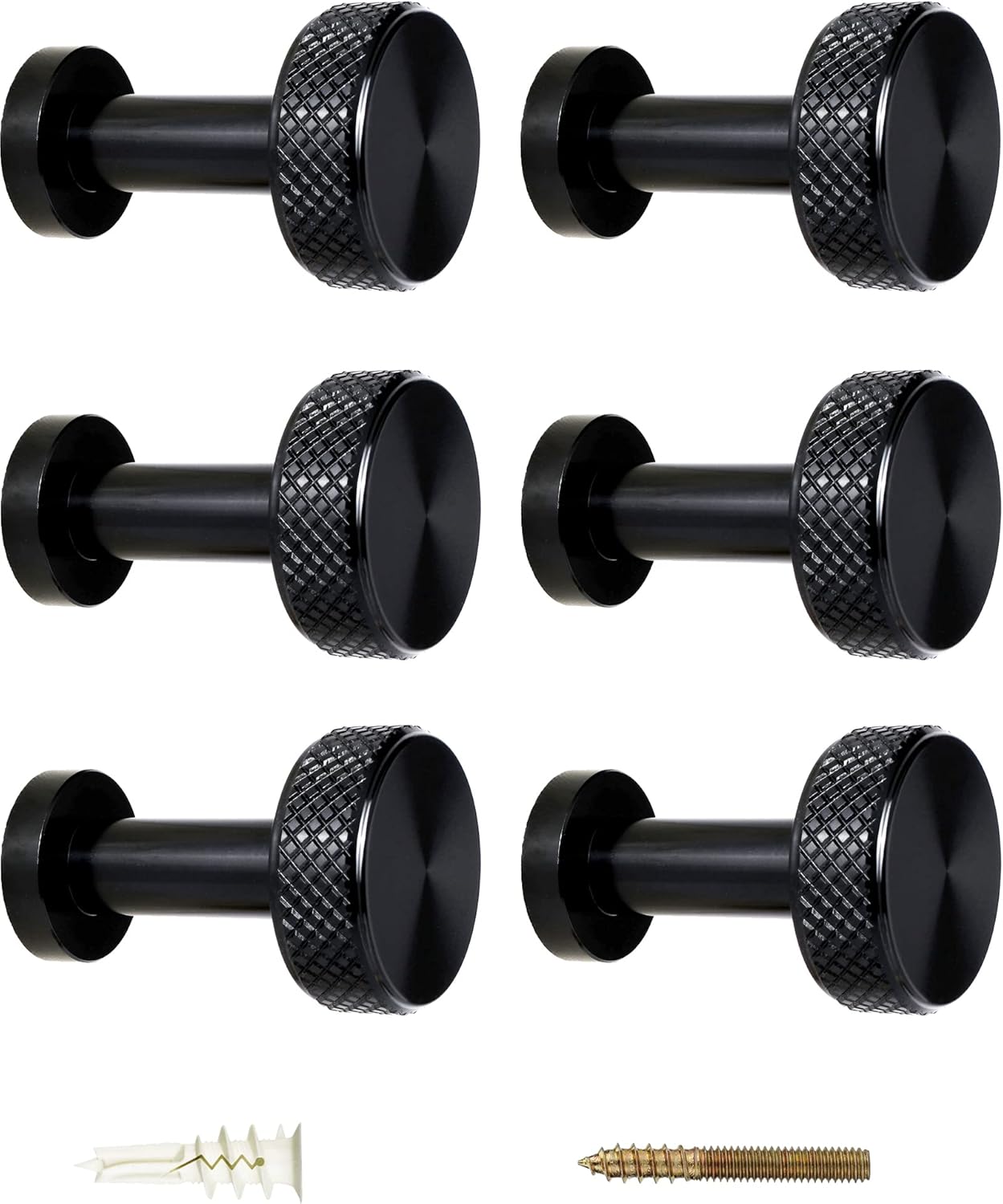 Screw Mount Round Hooks Constructed of Stainless Steel for Towels, Robes, Hats, Jackets in The Bathroom, Bedroom, Kitchen, Entry, and Backyard BBQ Pool Deck - Knurled Black, 6 Pack