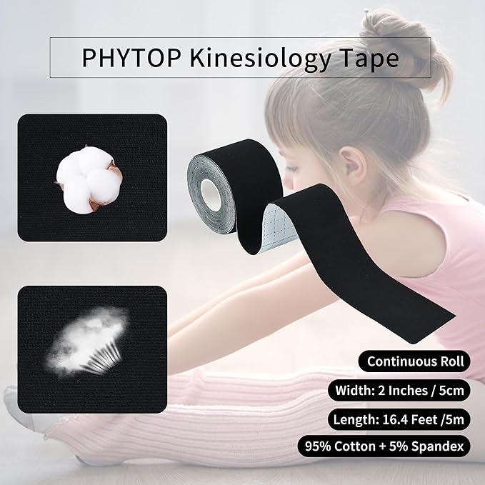 Bulk Kinesiology Tape for Knee, Shoulder, Elbow and More, Perfect K Tape Roll Uncut for Sports, Recovery and Physio Therapy, 2 Pack Black