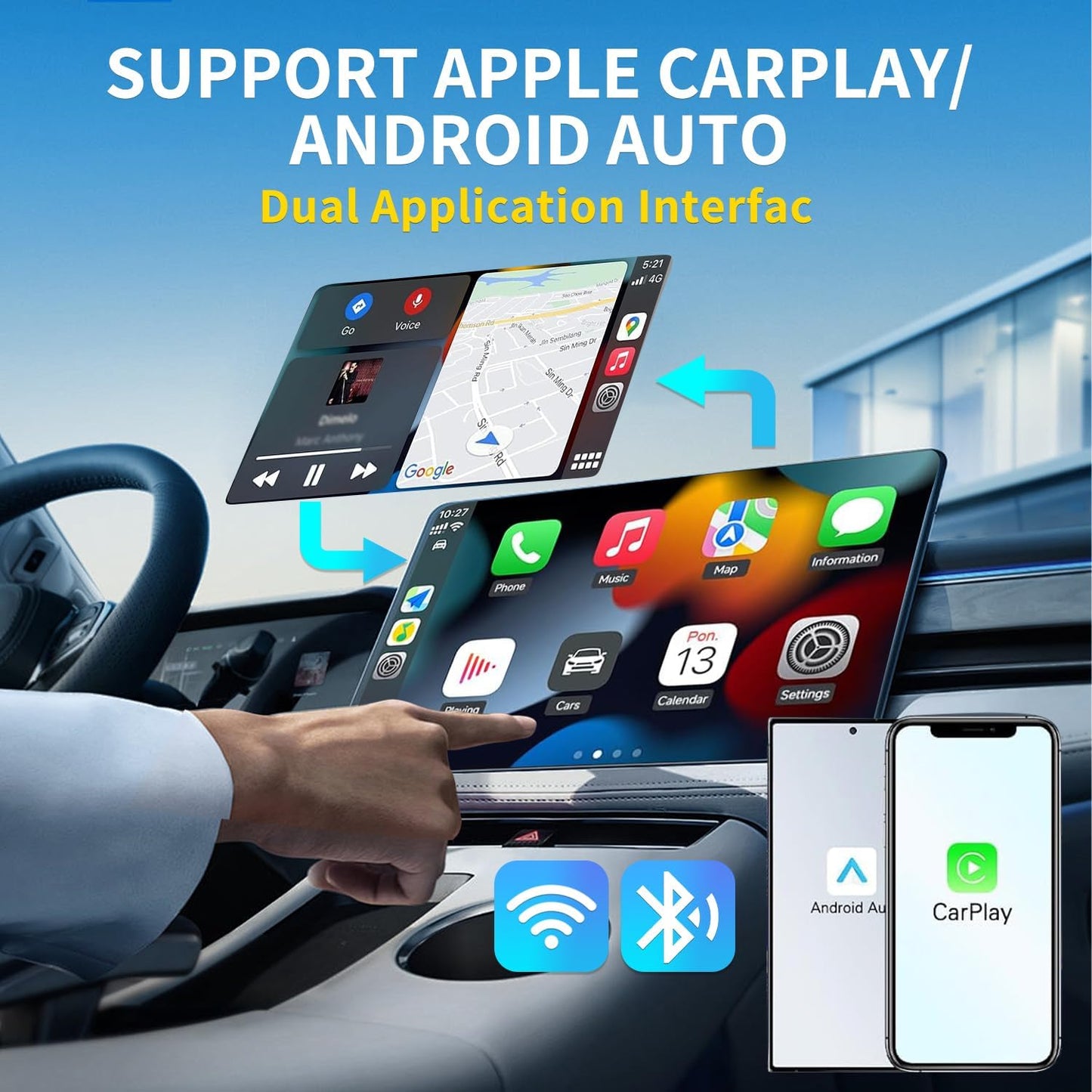 Wireless CarPlay Adapter,Convert Wired to Wireless CarPlay Adapter,Plug&Play 2-in-1 CarPlay & Android Auto Adapter,Fast&Stable Mini USB&USB-C/Type-C Car Adapter,Suitable for iOS10+/Android11+（Black）