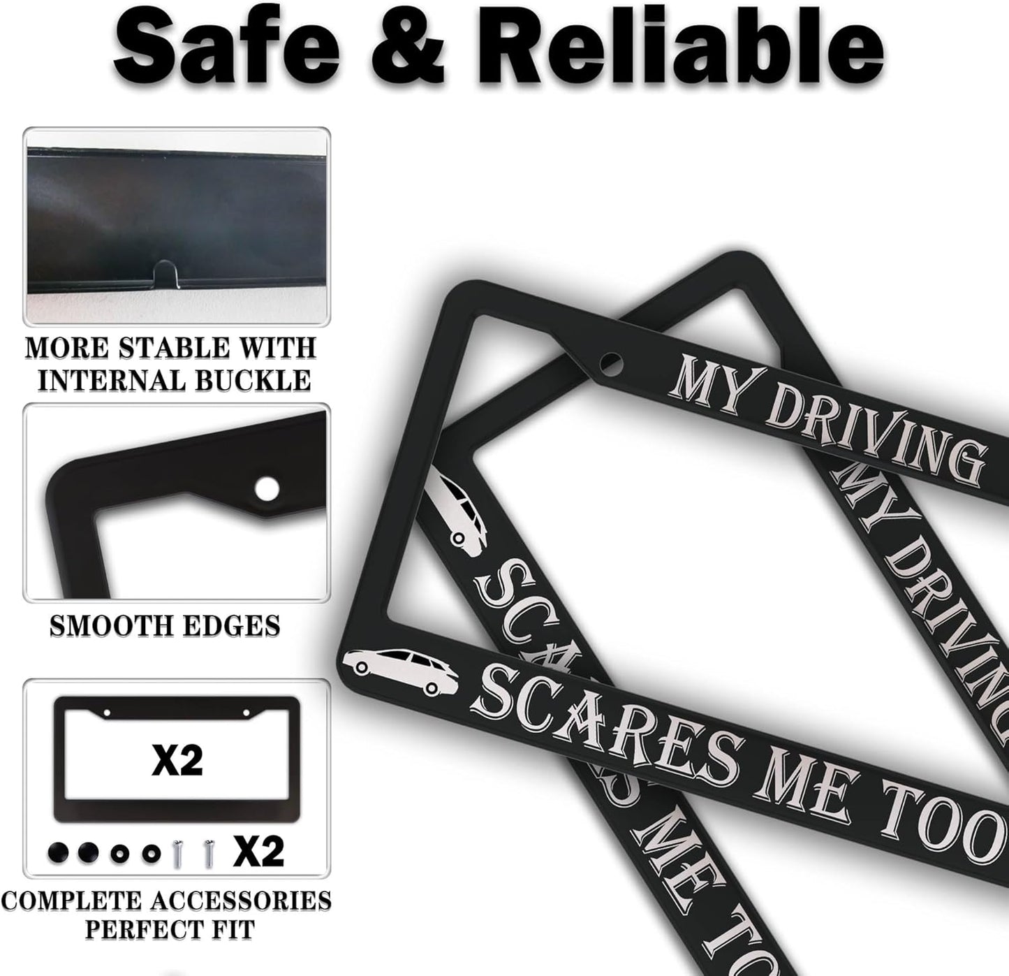 Fun License Plate Frame Cover Black and White License Plate Frames My Driving Scares Me Too Universal Aluminum Car Accessory 2 Pack with Screw Covers Set
