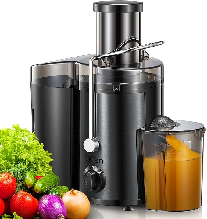 QCen Qcen Juicer Machine, 500W Centrifugal Juicer Extractor with Wide Mouth 3'' Feed Chute for Fruit Vegetable, Easy to Clean, Stainless Steel, BPA-free (Metallic Black)