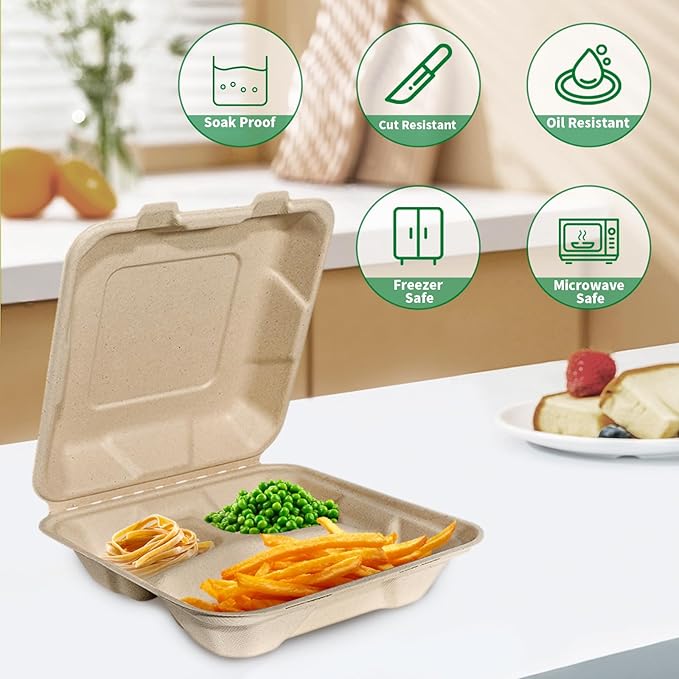 Aricsen Compostable 50 Pack 8x8 Inch 3 Compartment Takeout Lunch Box Containers with Lid, To Go Take Out Clamshell for Food, Disposable Eco-Friendly Biodegradable Bagasse, PFAS-Free, Unbleached Brown