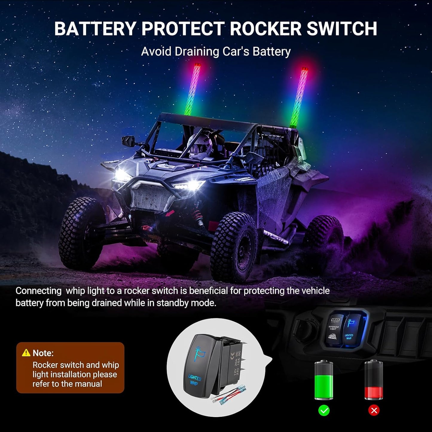 2PCS 2FT Fat Whip Lights for UTV ATV with Spring Base, Led Fatty Whip Light W/Rocker Switch & 6 Flags, Brighter Spiral Chasing Lighted Antenna Whip with APP & Remote Control for RZR SXS Can-Am