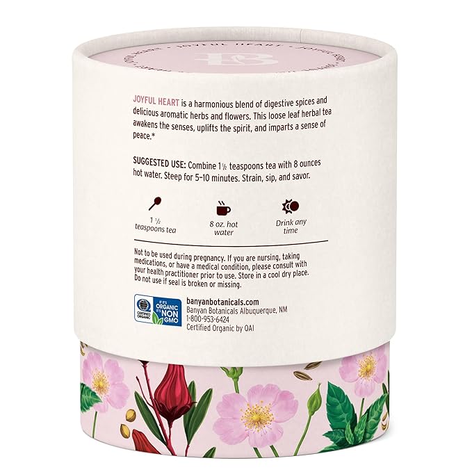 Banyan Botanicals Joyful Heart CCF Tea Loose Leaf Organic Herbal Tea Uplifting and Aromatic with Hibiscus, Tulsi, and Rose 1.5 oz. Non-GMO Sustainably Sourced