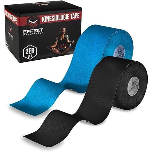 Effekt Manufaktur Kinesiology Tape Waterproof (16 ft x 2 in), 2 Rolls - Elastic Physio Tape for Muscle Support and Injury Recovery, Medical Tape, Kinetic Tape, Durable Kinesthetic Tape (Blue + Black)