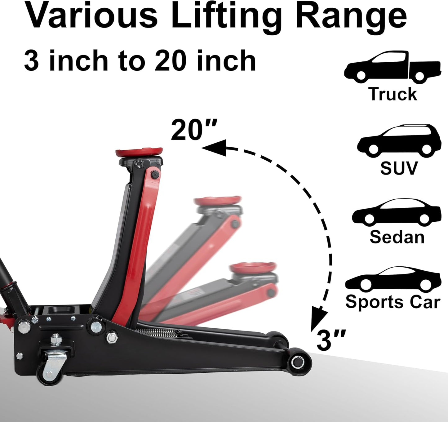 3-Ton (6600lbs) Low-Profile Dual Pistons Heavy-Duty Steel Racing Floor Jack with Quick Lift Hydraulic Pump, Foot Pedal and Magentic Pad for Car Maintenance (Red, 3 Ton Low Profile)