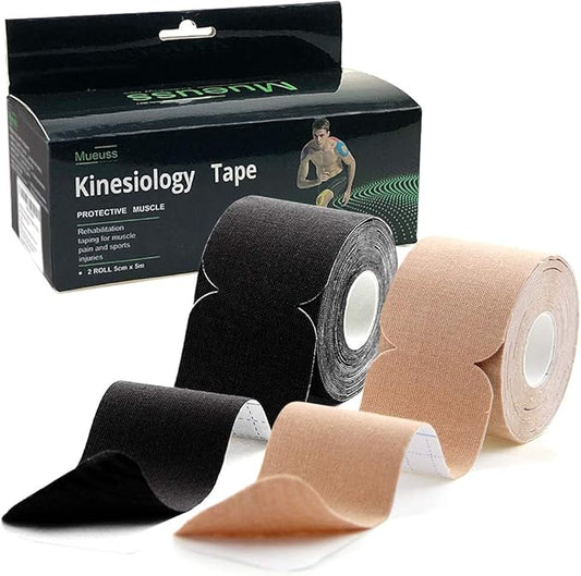 MUEUSS Kinesiology Tape,Sports Tape,Athletic Tape Elastic Cotton Precut Strips,Waterproof Tape for Muscles,Knees,Shoulders Plantar Fasciitis Pain Relief,Pregnancy Belly Tape (2rolls Black&Beige)