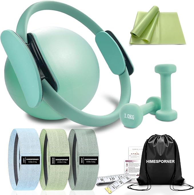 Pilates Ring Set 9 PCS, Magic Circle Yoga Ring, Pilates Ball, 2.2lb *2 Dumbbells, Resistance Bands, Tape Measure, Pilates Weight Kit Equipment Accessories for Home Workouts Fitness Yoga