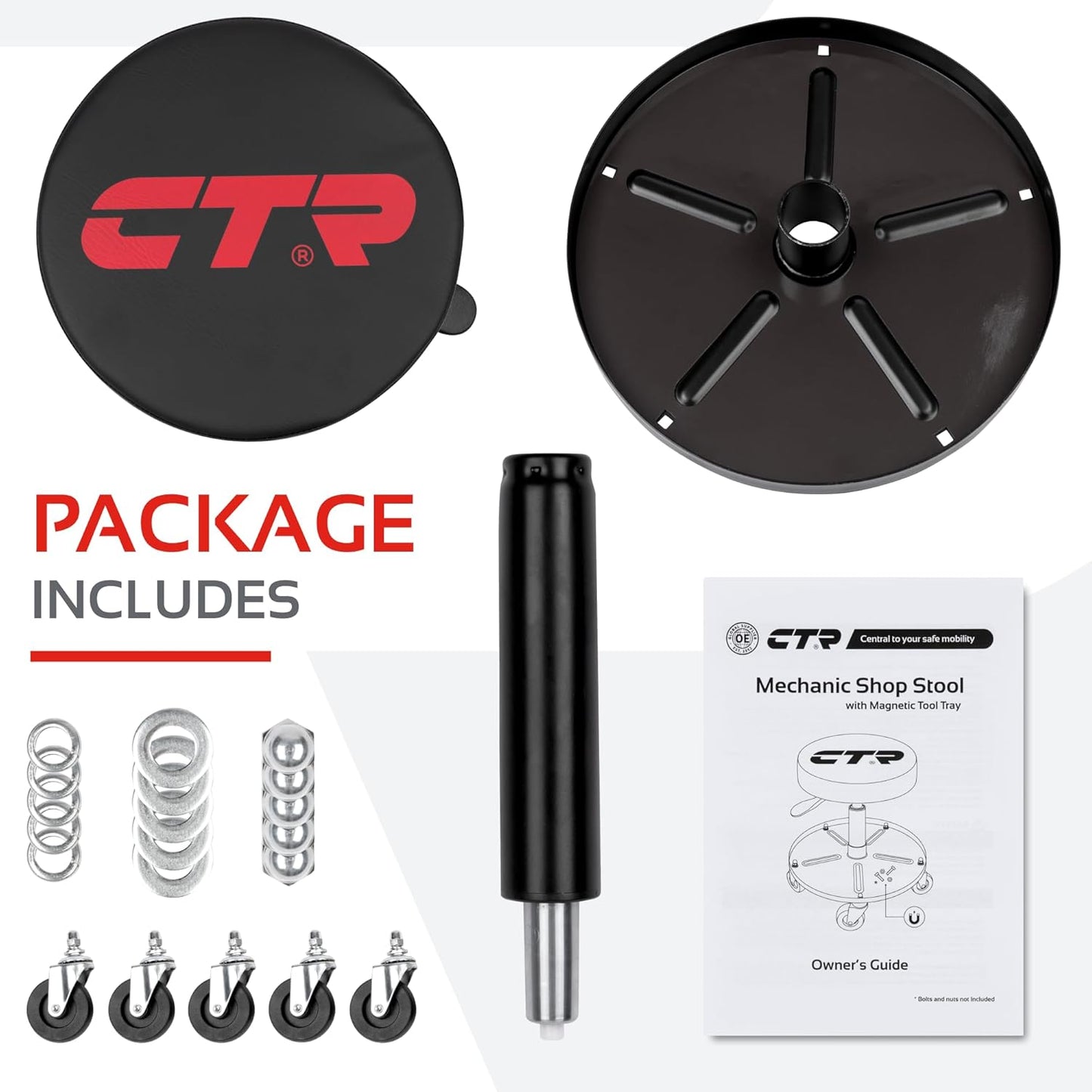 CTR Rolling Mechanic Shop Stool with Magnetic Tool Tray, Heavy Duty Work Stool, Adjustable Garage & Workbench Stool with Wheels, Creeper Seat Shop Chair