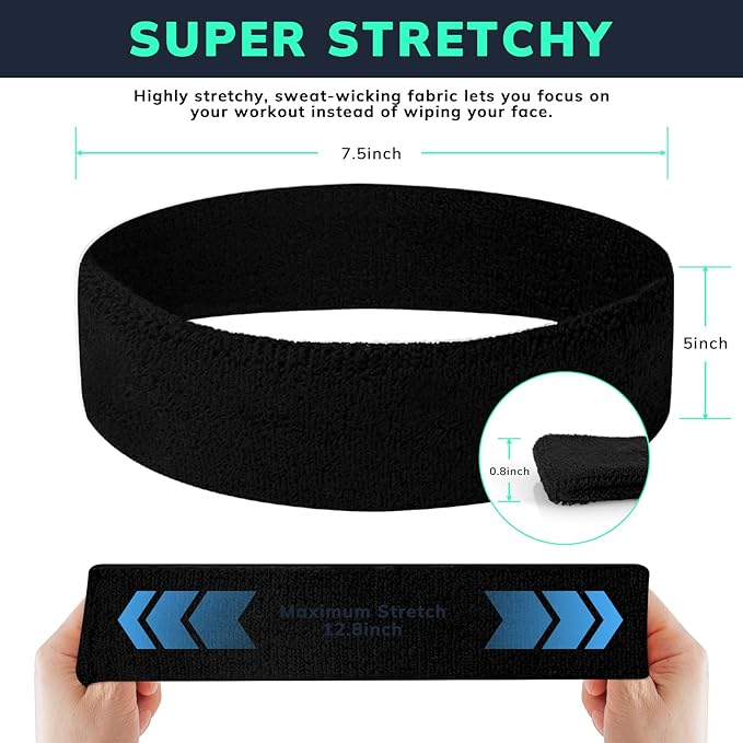 Sweatbands Sports Headband for Men & Women - Terry Cloth Moisture-Wicking Sports Towel Headband for Tennis, Basketball, Running, Gym, and Fitness Working Out
